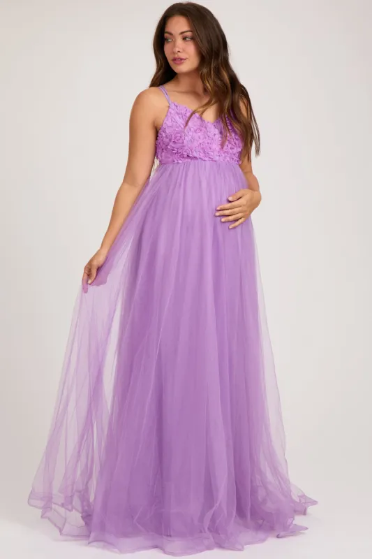 Purple Floral Applique Lace-Up Back Tulle Maternity Maxi Dress sold by Pinkblush