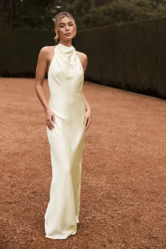 Esther Iridescent Satin Cowl Maxi Dress - Lemon Sorbet sold by Meshki