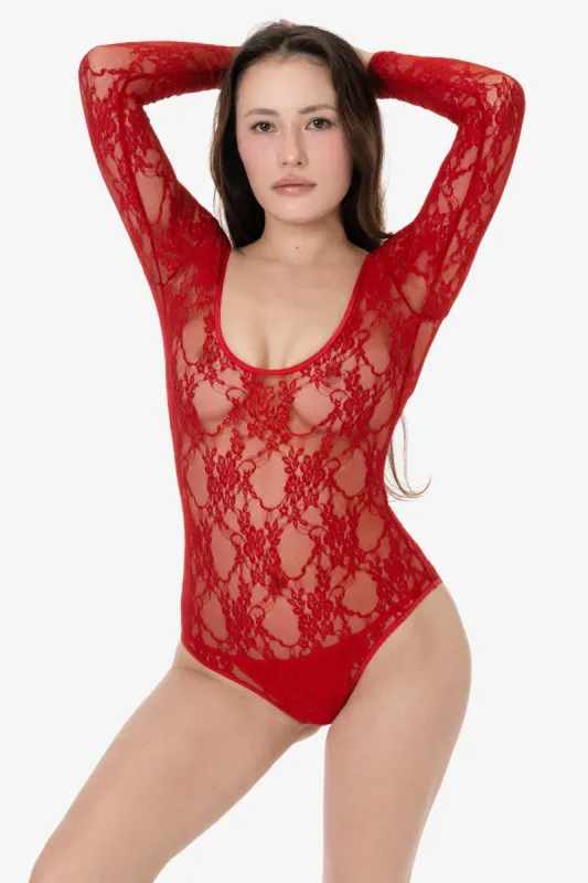 FNS328 - Floral Lace Long Sleeve Scoopneck Bodysuit sold by los angeles apparel