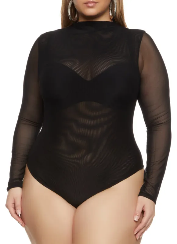 Plus Size Mesh High Neck Long Sleeve Bodysuit sold by Rainbow