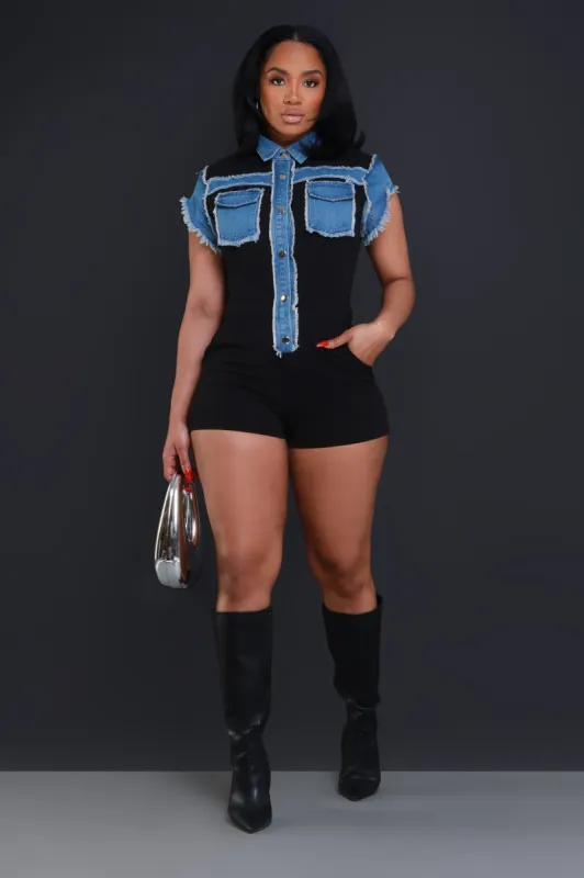 No Wait Contrast Denim Romper - Black/Blue sold by Swankaposh