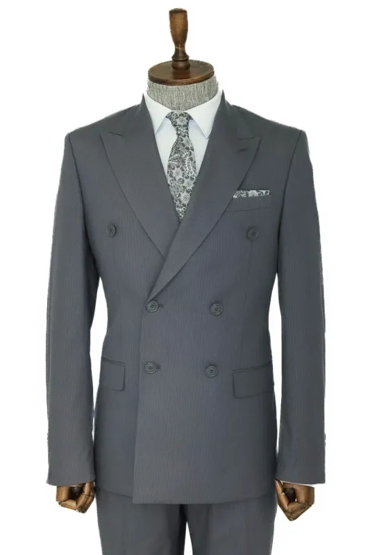 Wide Peak Lapel Striped Slim Fit Gray Men Double-Breasted Suit - Wessi sold by Wessi
