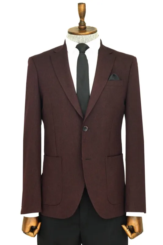 Textured Slim Fit Peak Lapel Burgundy Men Blazer - Wessi sold by Wessi