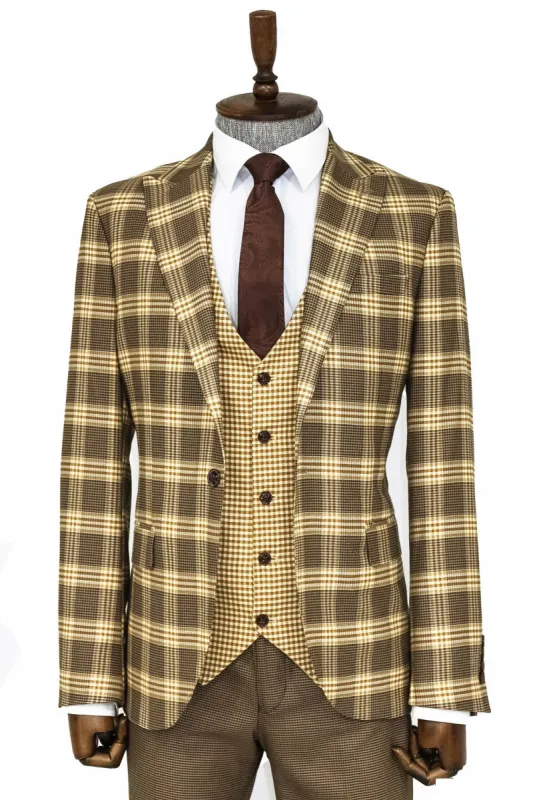 Slim Fit Patterned Checked Light Brown Men Suit - Wessi sold by Wessi