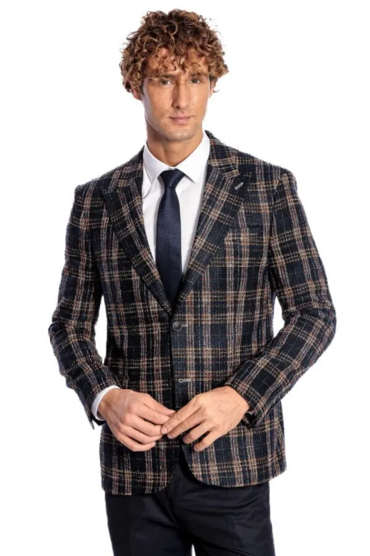 Plaid Slim Fit Navy Blue Men Blazer - Wessi sold by Wessi