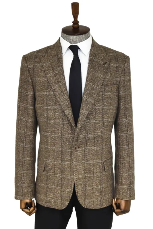 Herringbone Slim Fit Wool Brown Men Blazer - Wessi sold by Wessi
