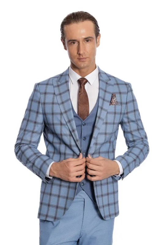 Checked Patterned Slim Fit Blue Men Suit - Wessi sold by Wessi