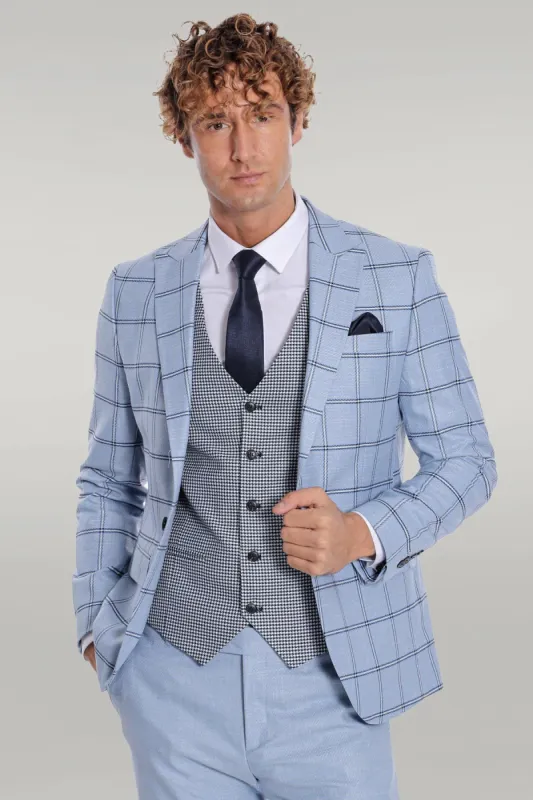 Checked Patterned Slim Fit Light Blue Men Suit - Wessi sold by Wessi