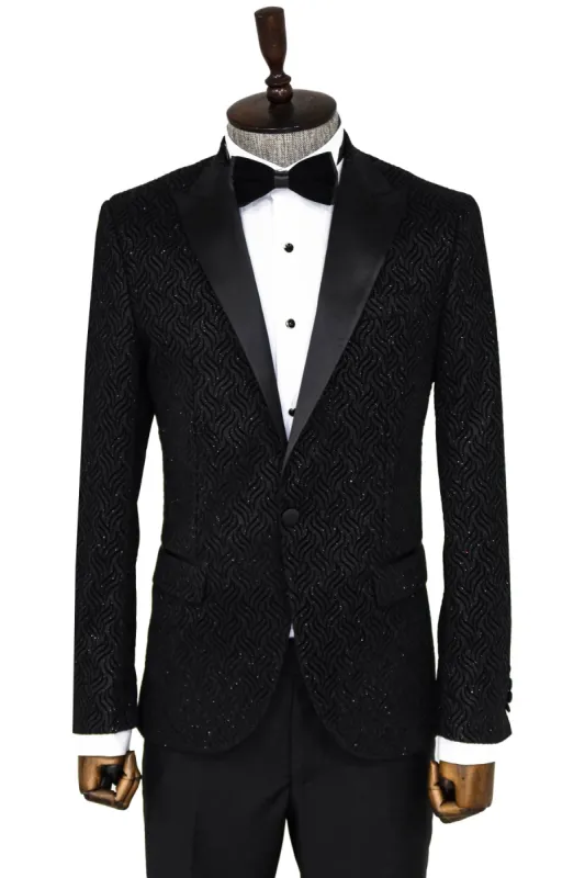 Shiny Patterned Black Men Wedding Tuxedo Blazer - Wessi sold by Wessi