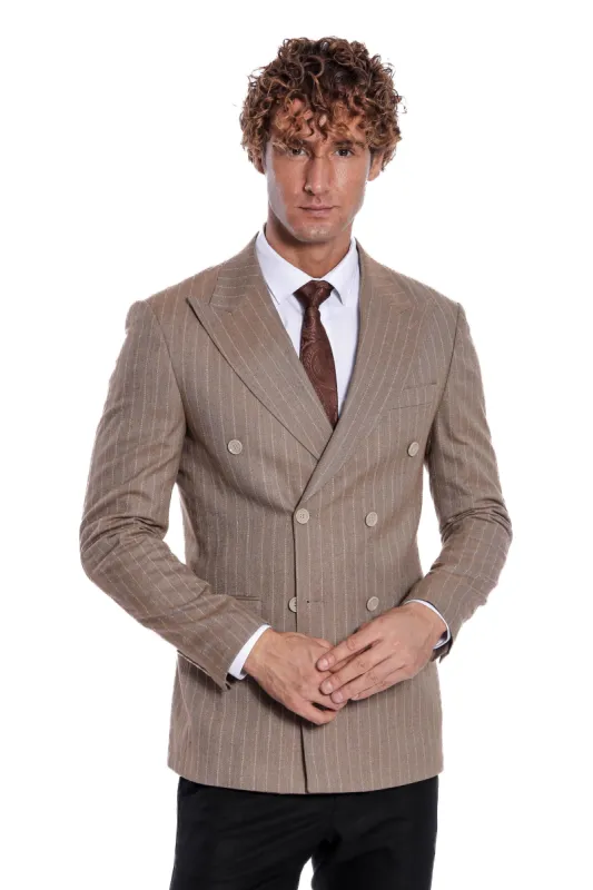 Striped Double Breasted Light Brown Men Blazer - Wessi sold by Wessi