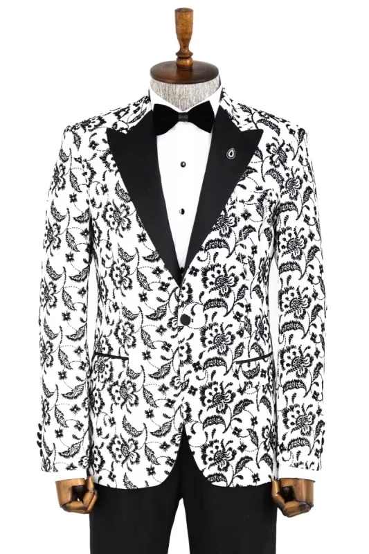 Floral Patterned Peak Lapel White Men  Wedding Tuxedo Blazer - Wessi sold by Wessi