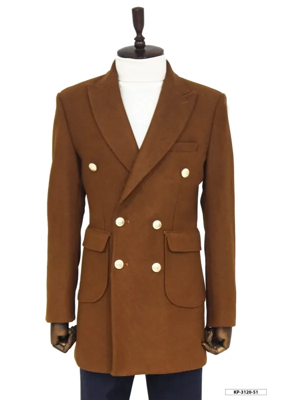 Metal Buttoned Double Breasted Tan Men Coat - Wessi sold by Wessi