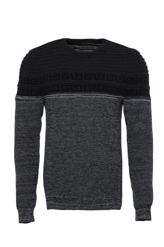 Chest Patterned Circle Neck Grey Men Knitwear - Wessi sold by Wessi