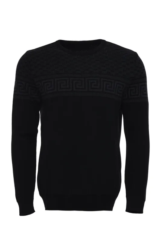 Crew Neck Knitwear Chest Patterned Over Black - Wessi sold by Wessi