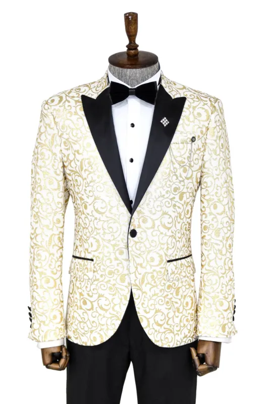 Gold Scroll Patterned Over White Men Wedding Tuxedo Jacket - Wessi sold by Wessi