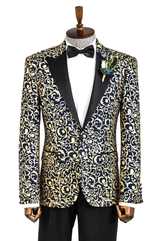 Gold Patterned Over Navy Men Party Blazer - Wessi sold by Wessi