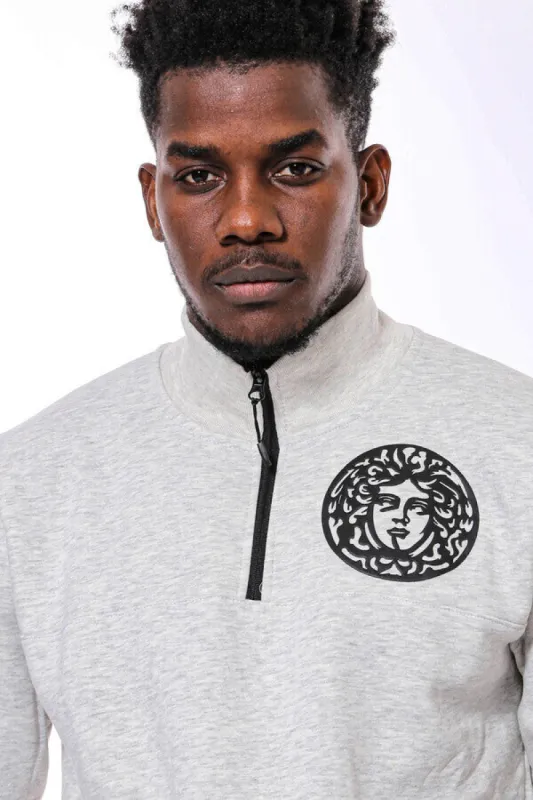 Mandarin Collar Patterned Grey Sweatshirt - Wessi sold by Wessi