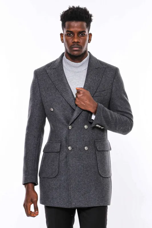 Dark Grey Metal Buttoned Double Breasted Long Coat - Wessi sold by Wessi