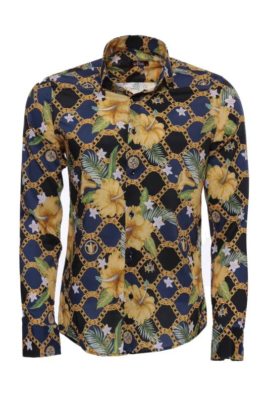 Colorful Floral Patterned Slim Fit Long Sleeves Navy Blue Men Shirt - Wessi sold by Wessi
