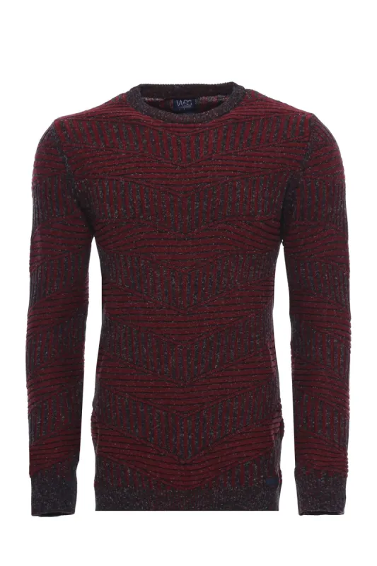 Burgundy Circle Neck Patterned Knitwear - Wessi sold by Wessi