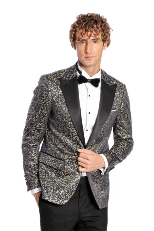 Feather Patterned Slim Fit Navy Blue Men Dinner Jacket - Wessi sold by Wessi