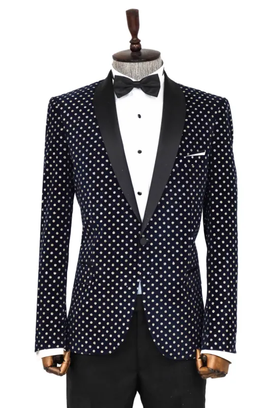 Dot Patterned Slim Fit Navy Blue Men Party Blazer - Wessi sold by Wessi