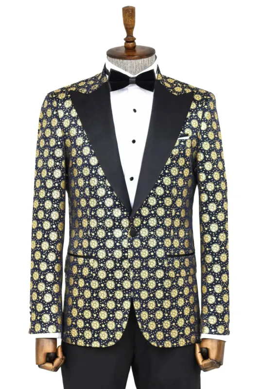 Floral Patterned Peak Lapel  Navy Blue with Gold Embellished Dinner Jacket - Wessi sold by Wessi