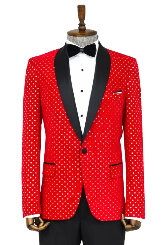 Dot Patterned Slim Fit Red Men Singer Tuxedo Blazer - Wessi sold by Wessi