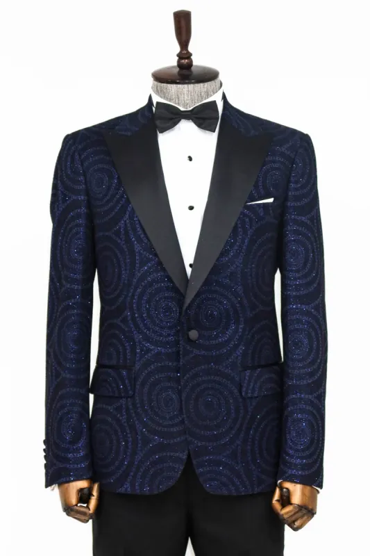 Hypnose Pattern Peak Lapel Slim Fit Navy Blue Men Tuxedo  Blazer - Wessi sold by Wessi