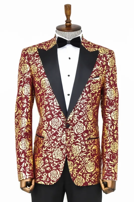 Gold Rose Patterned Slim Fit Burgundy Men Shinny  Blazer - Wessi sold by Wessi