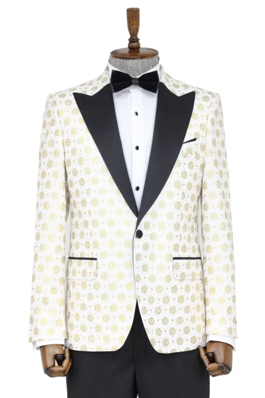 Floral Patterned Peak Lapel White Men Wedding Tuxedo Blazer - Wessi sold by Wessi