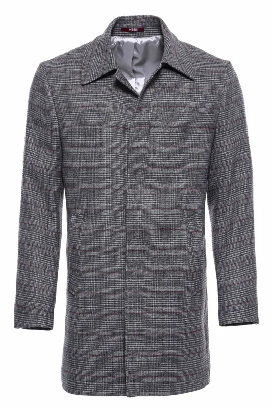 Grey Checked Hidden Button Peak Lapel Coat - Wessi sold by Wessi