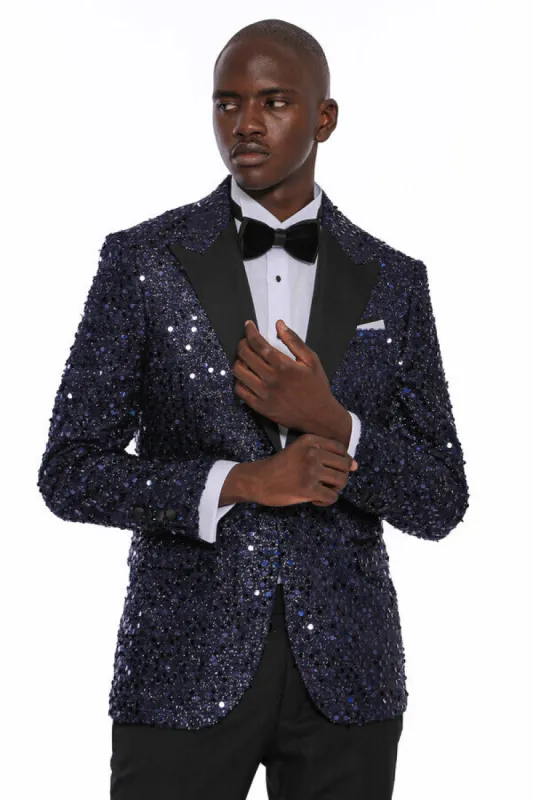 Navy Blue Sequin Patterned Party Blazer | Wessi sold by Wessi