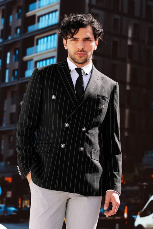 Double Breasted Slim Fit Striped Black Men Blazer - Wessi sold by Wessi