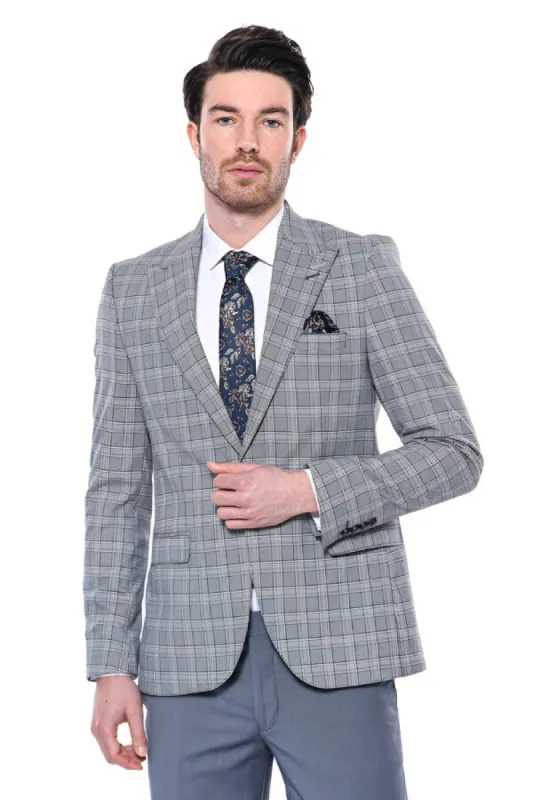 Checked Slim-Fit Grey Men's Blazer - Wessi sold by Wessi