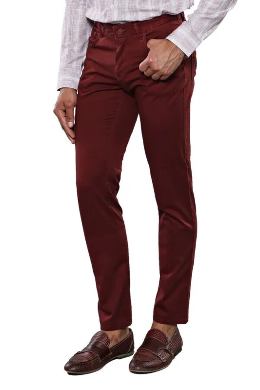 Slim Fit Plain 5 Pockets Burgundy Men Pants - Wessi sold by Wessi
