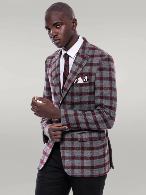 Checked Peak Lapel Slim-Fit Burgundy Men Blazer - Wessi sold by Wessi