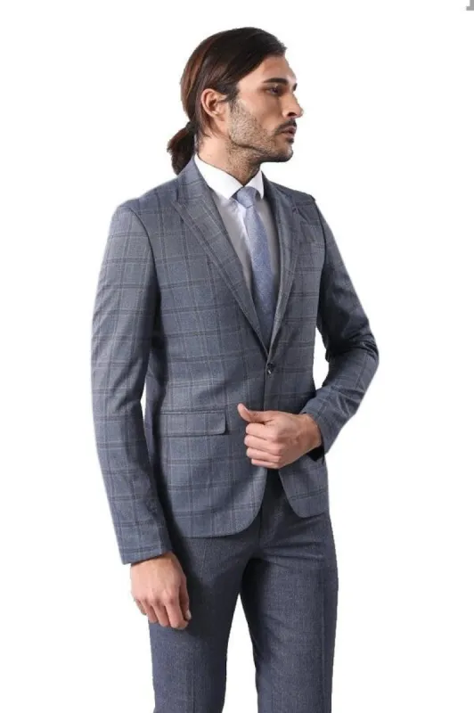 Grey Checked Men's Slim Fit Blazer - Wessi sold by Wessi