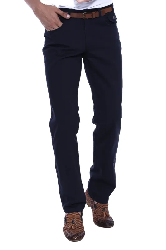 Plain Suede Flap Pockets Cotton Navy Blue Men Pants - Wessi sold by Wessi