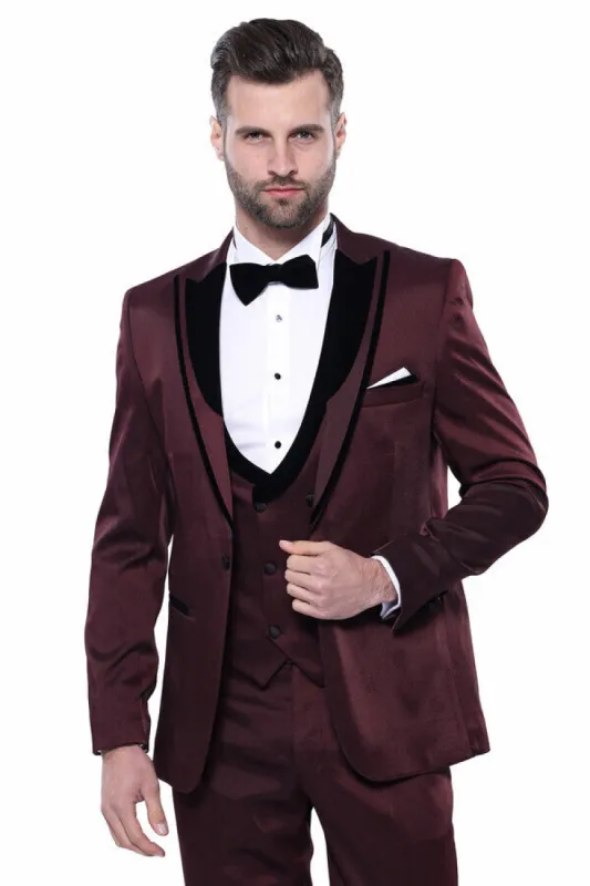 Patterned Velvet Lapel Burgundy Tuxedo | Wessi sold by Wessi