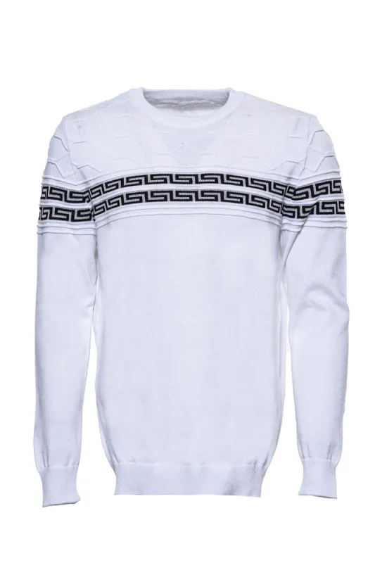 Circle Neck Knitwear Chest Patterned Over White - Wessi sold by Wessi