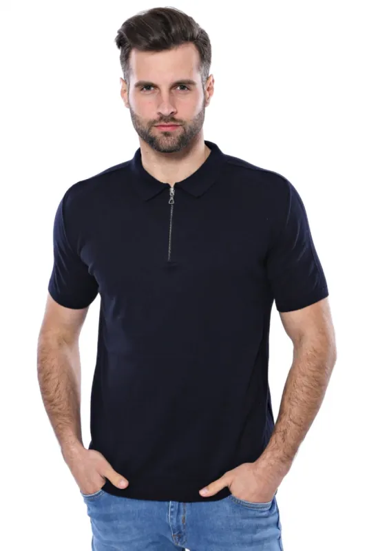 Polo Neck Plain Navy Knitted Blue Men T-Shirt - Wessi sold by Wessi