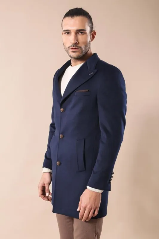 Wide Pointed Collar Over Knee Navy Blue Men Coat - Wessi sold by Wessi
