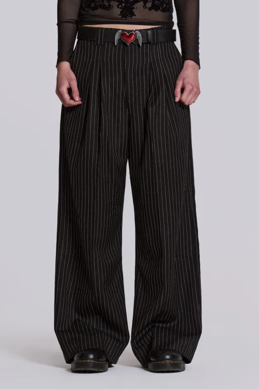 Black Pinstripe Goliath Suit Pants sold by Jaded London