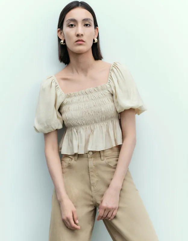 Puff Sleeve Square-Cut Collar Overhead Shirt sold by Urban Revivo