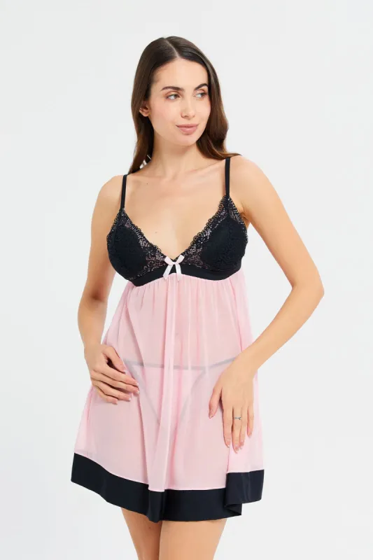 Women Pink And Black Embellished Babydoll sold by Redtag