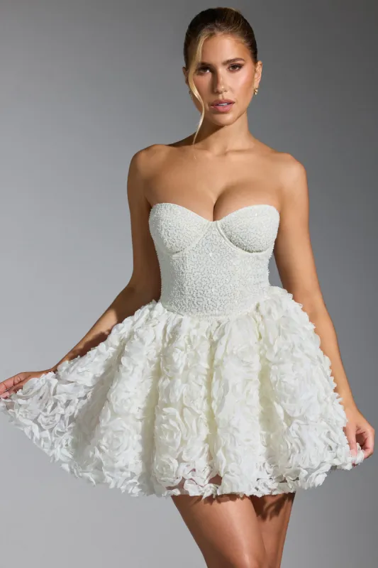 Embellished Floral-Appliqué Lace-Up Mini Dress in White sold by Oh Polly