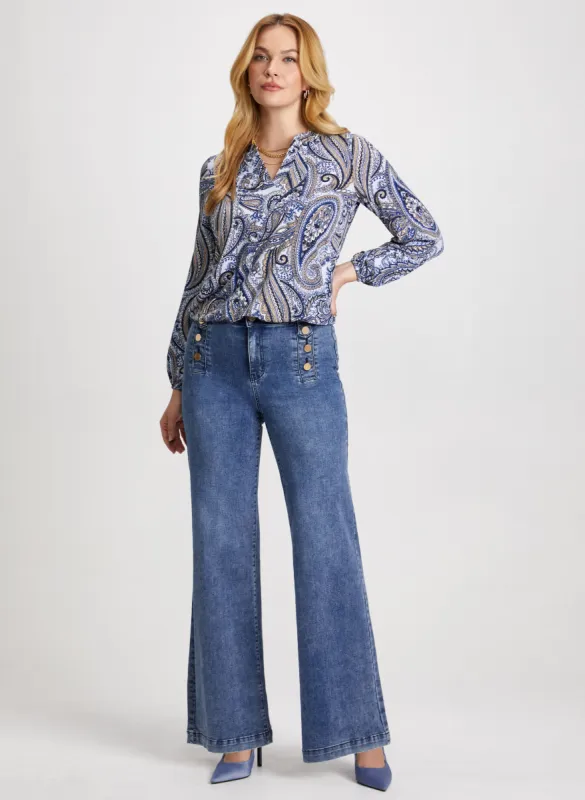 Split Neck Paisley Top & Button Detail Wide Leg Jeans sold by Laura