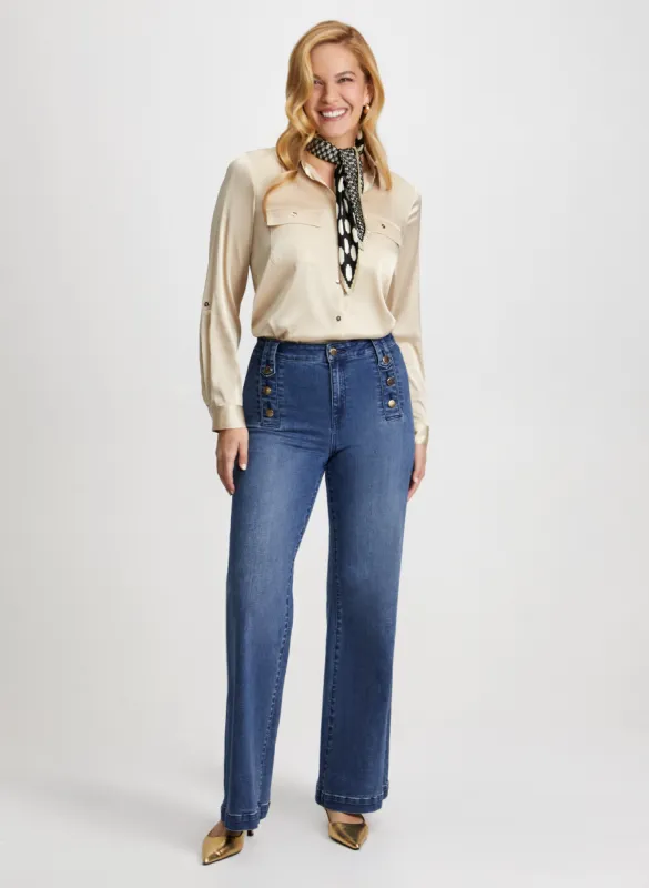 Satin Button Down Blouse & Wide-Leg Jeans sold by Laura