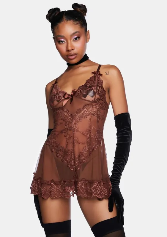 Cappuccino Valentine Lace And Bow Babydoll sold by Dolls Kill